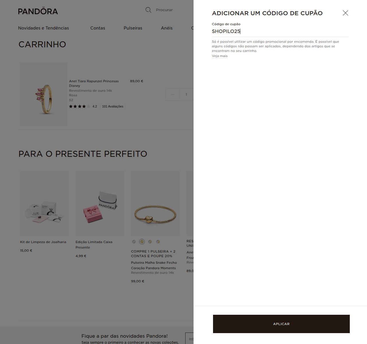 Onde inserir o código de desconto no site da Pandora
