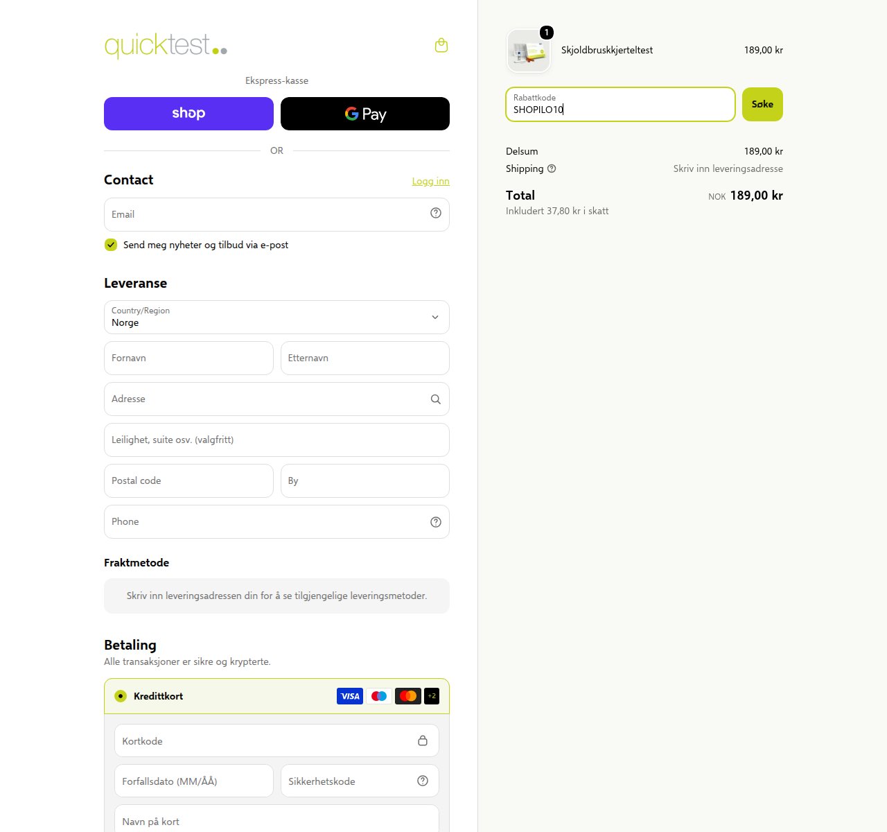 Where to enter the discount code on the Quicktest website