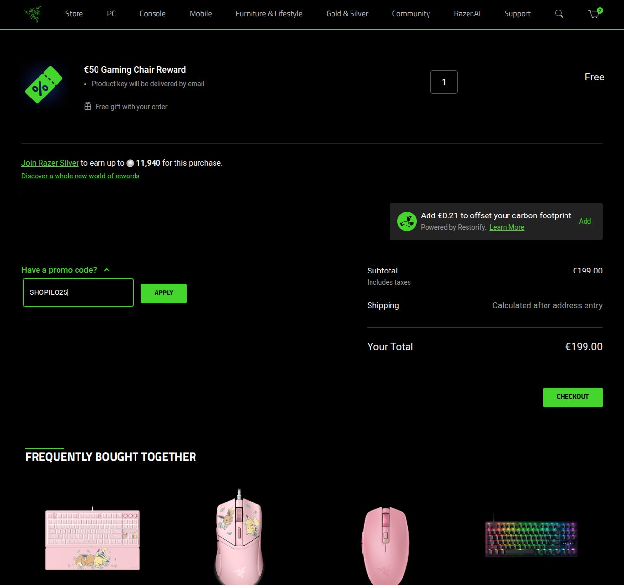 Mihin alennuskoodi syötetään Razer-sivustolla