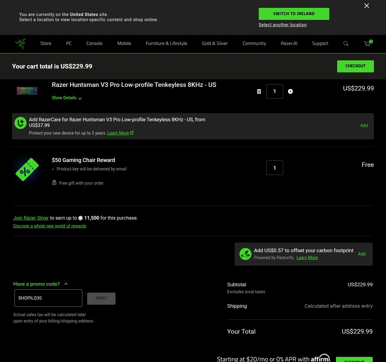 Where to enter the discount code on the Razer website