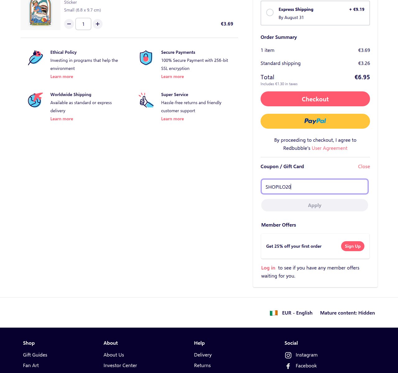 Where to enter the discount code on the Redbubble website