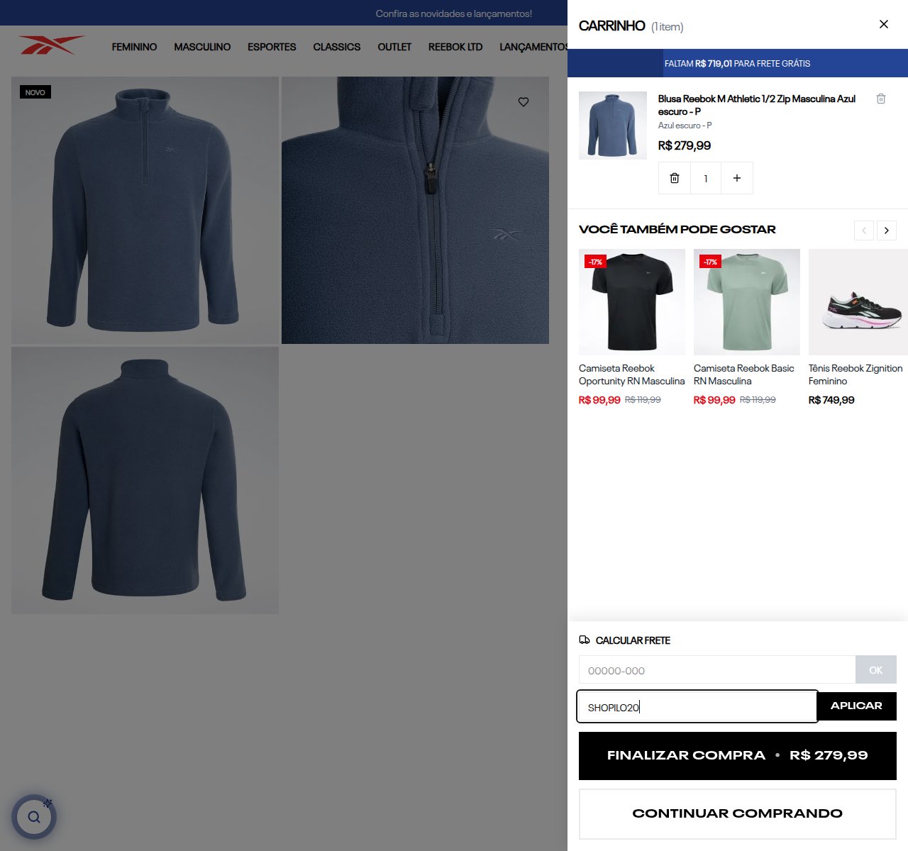 Onde inserir o código de desconto no site da Reebok
