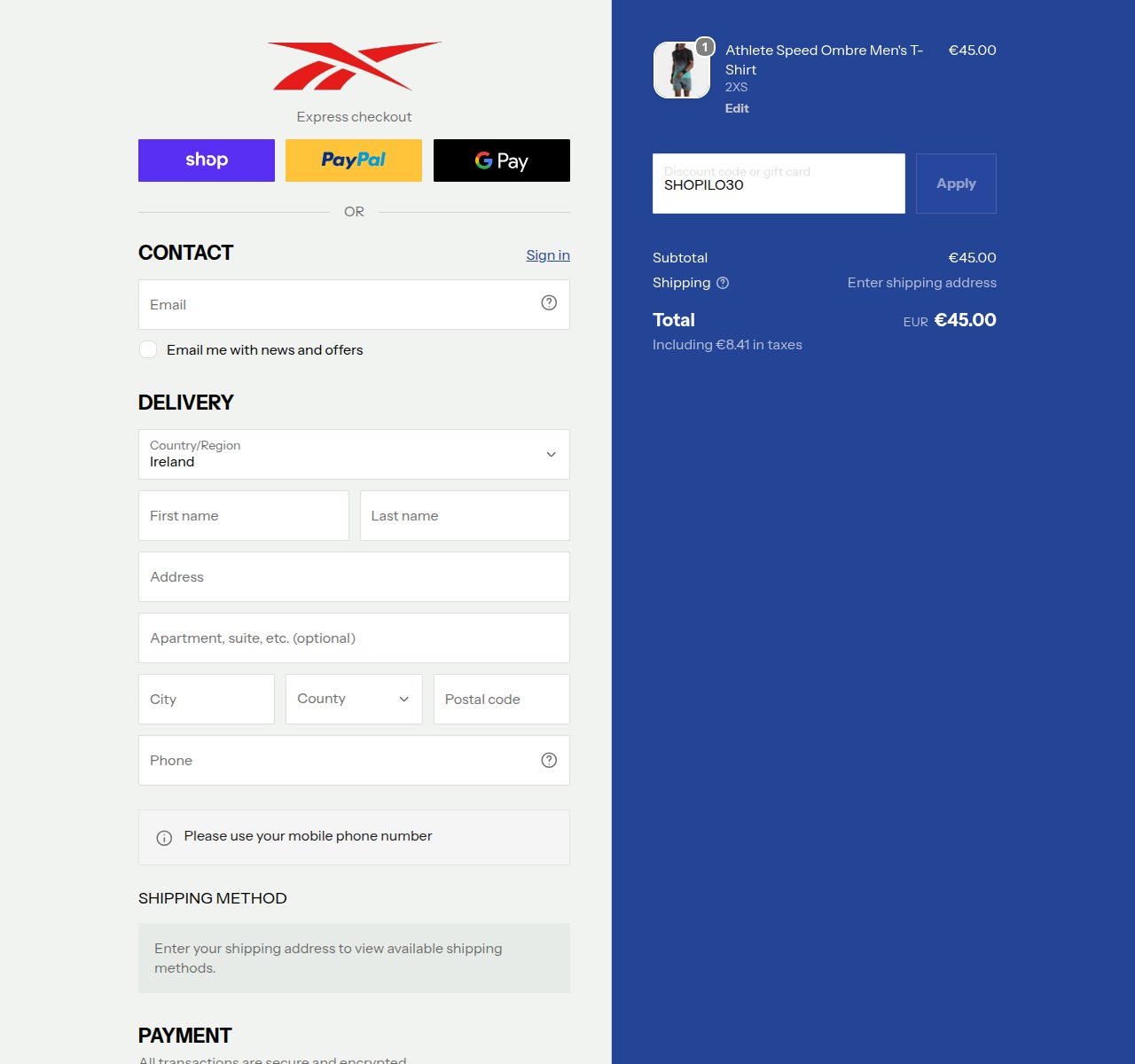 Where to enter the discount code on the Reebok website