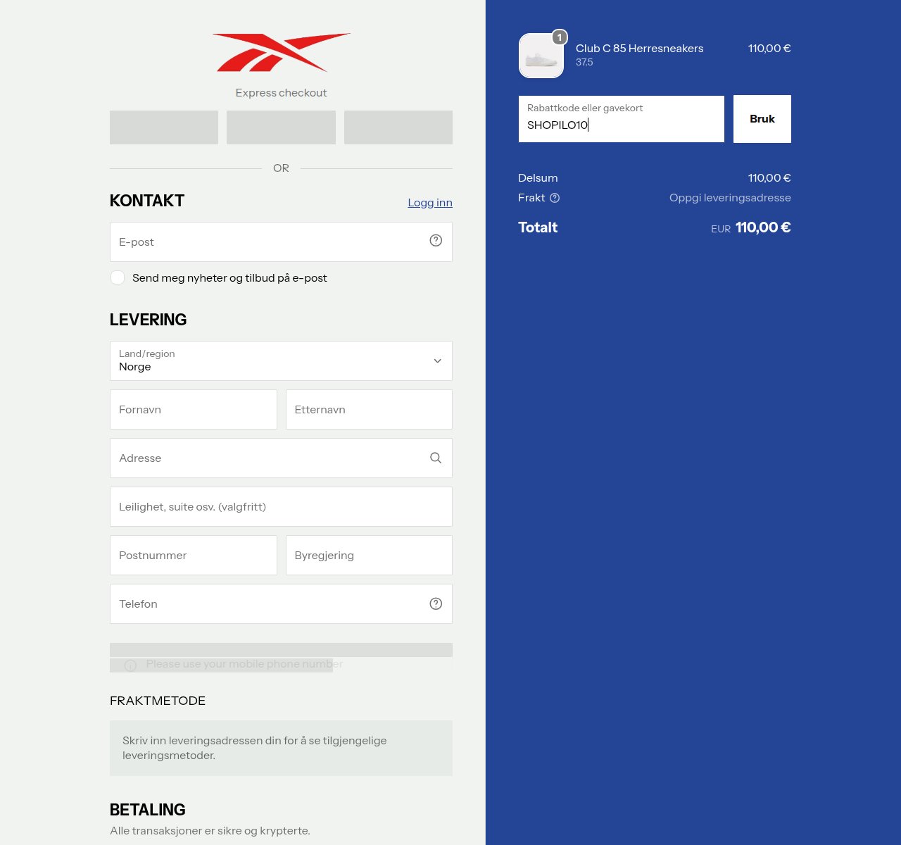 Where to enter the discount code on the Reebok website