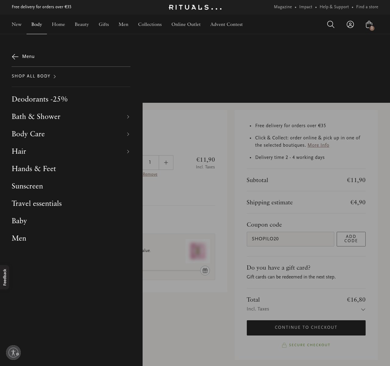 Where to enter the discount code on the Rituals website