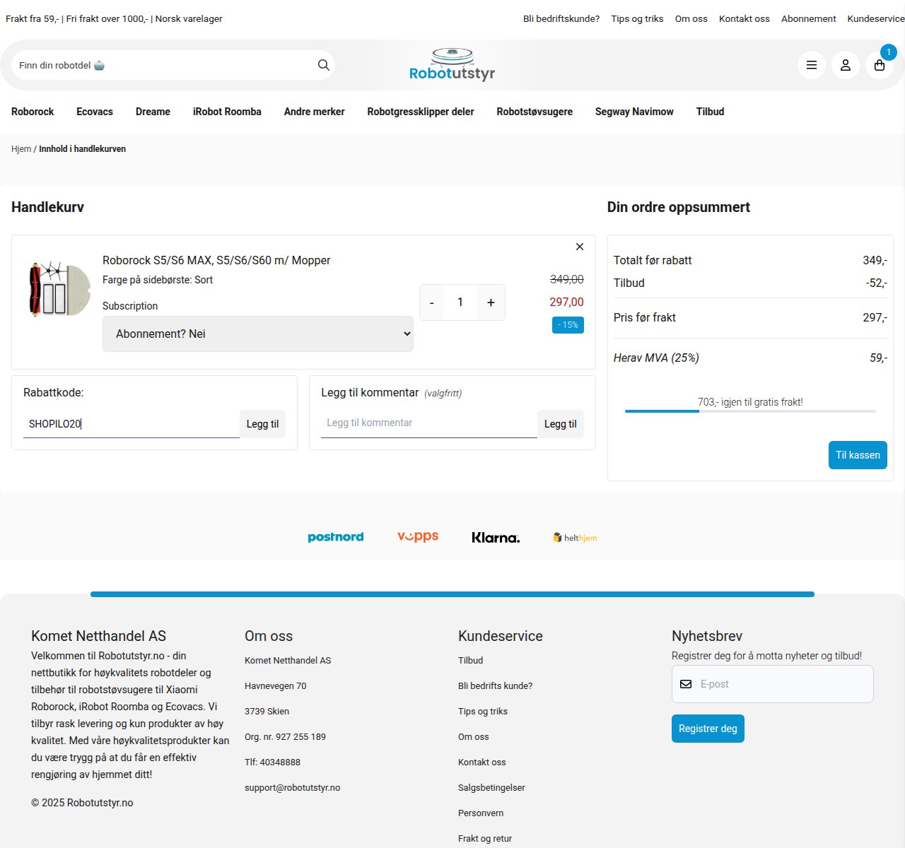 Where to enter the discount code on the Robotutstyr website