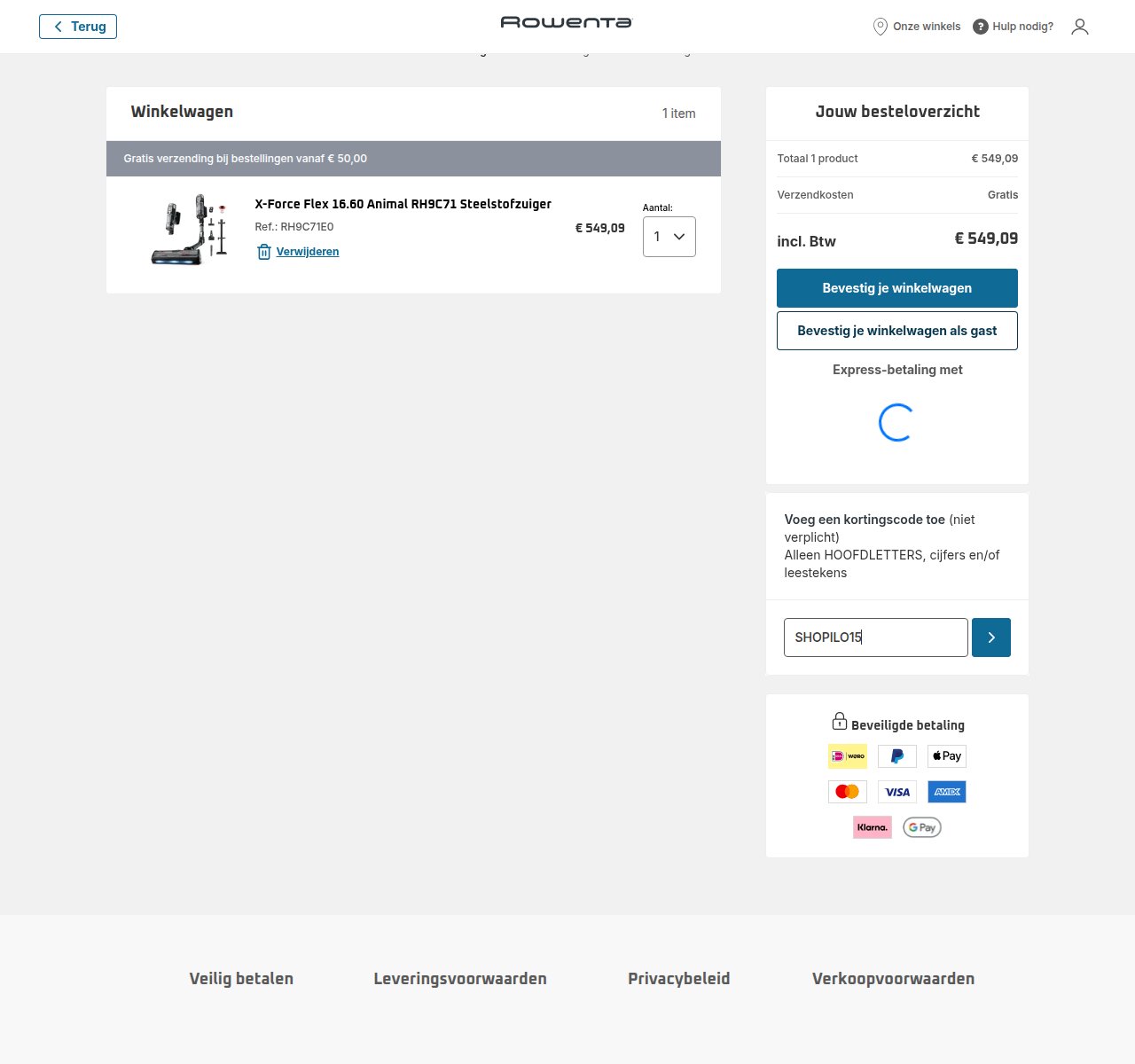 Waar je de kortingscode invoert op de Rowenta-website