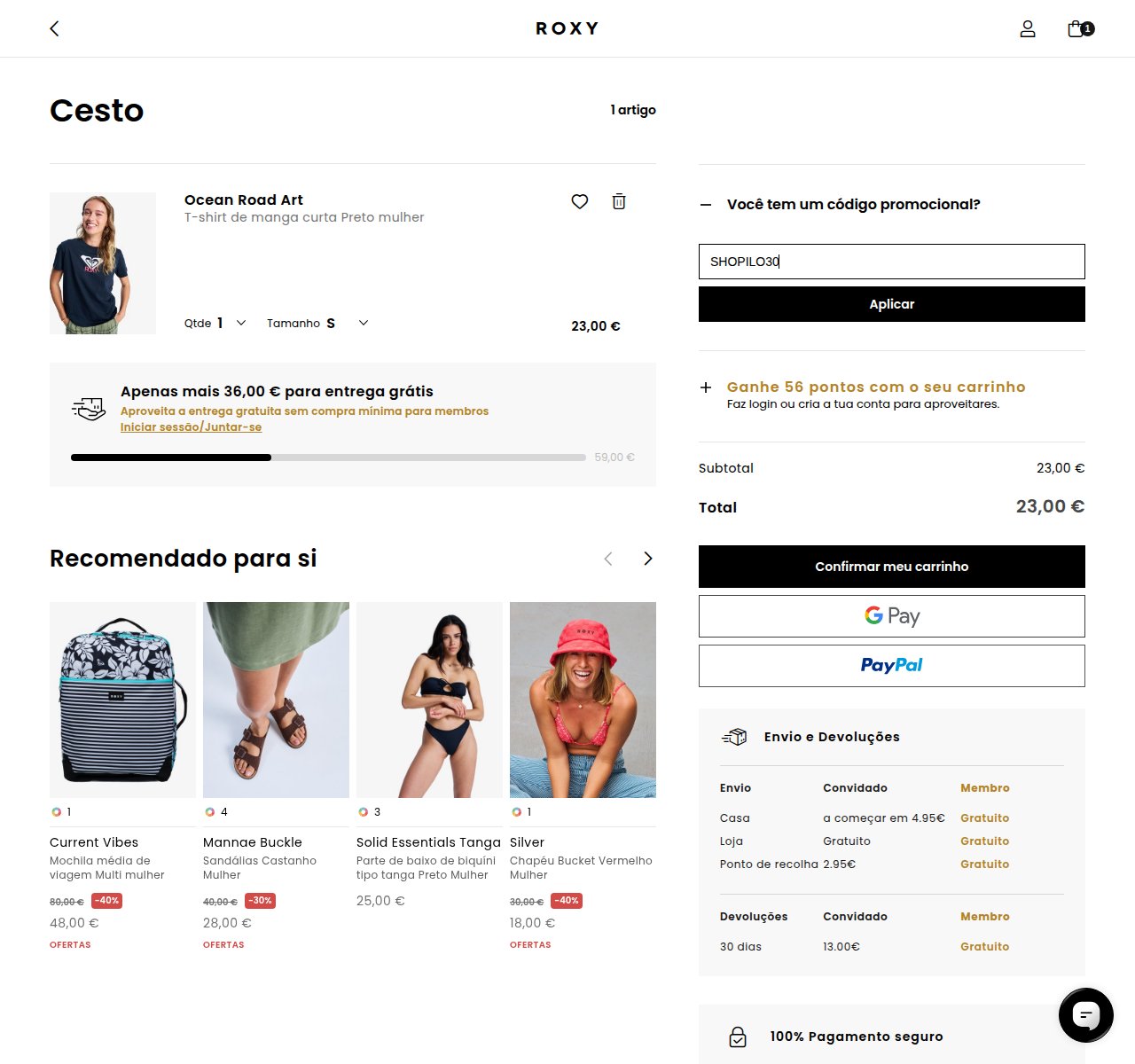 Onde inserir o código de desconto no site da Roxy