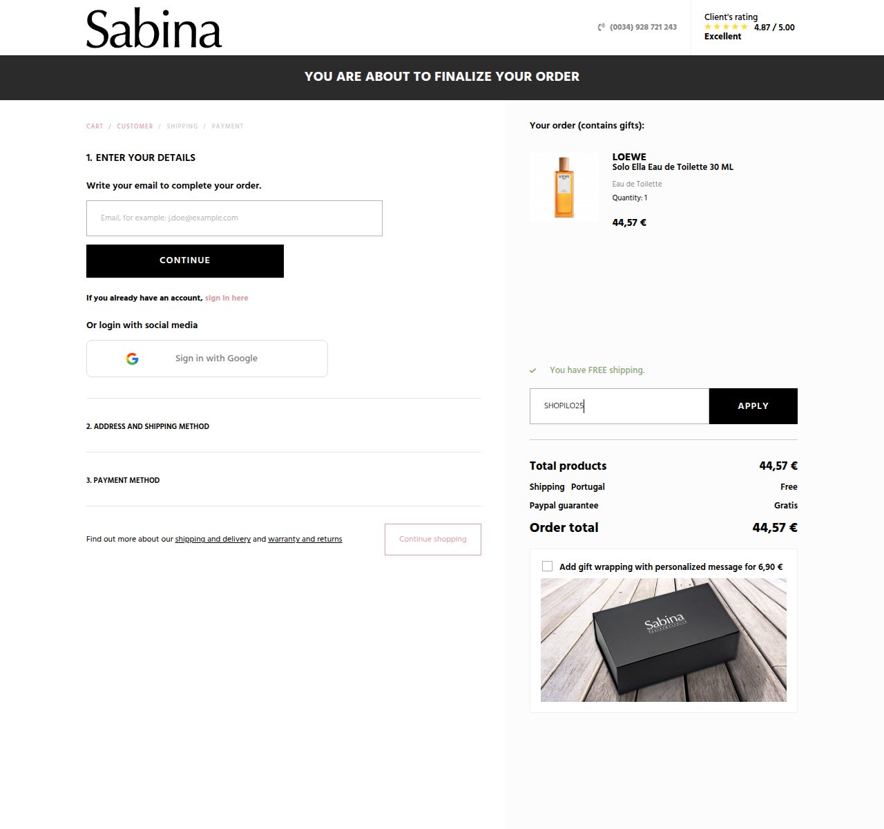 Onde inserir o código de desconto no site da Sabina