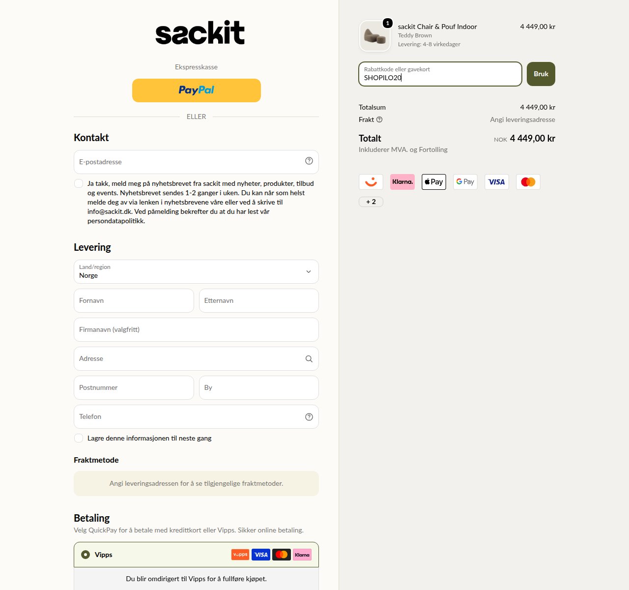 Where to enter the discount code on the Sackit website