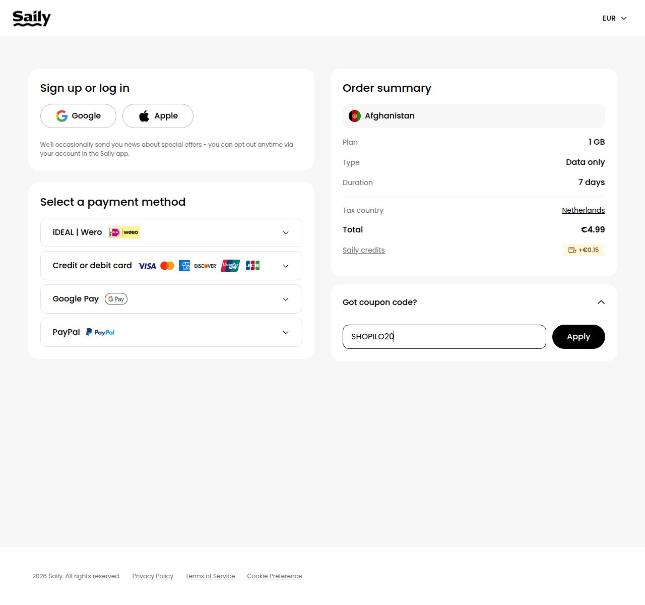 Waar je de kortingscode invoert op de Saily-website