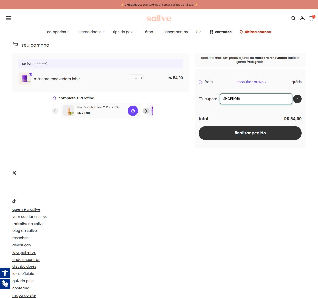 Onde inserir o código de desconto no site da Sallve