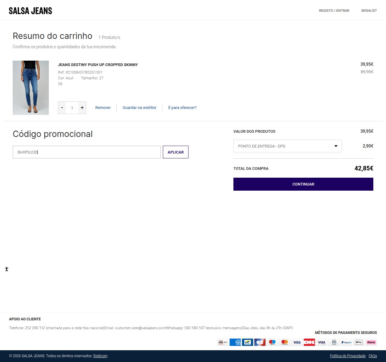 Onde inserir o código de desconto no site da Salsa Jeans