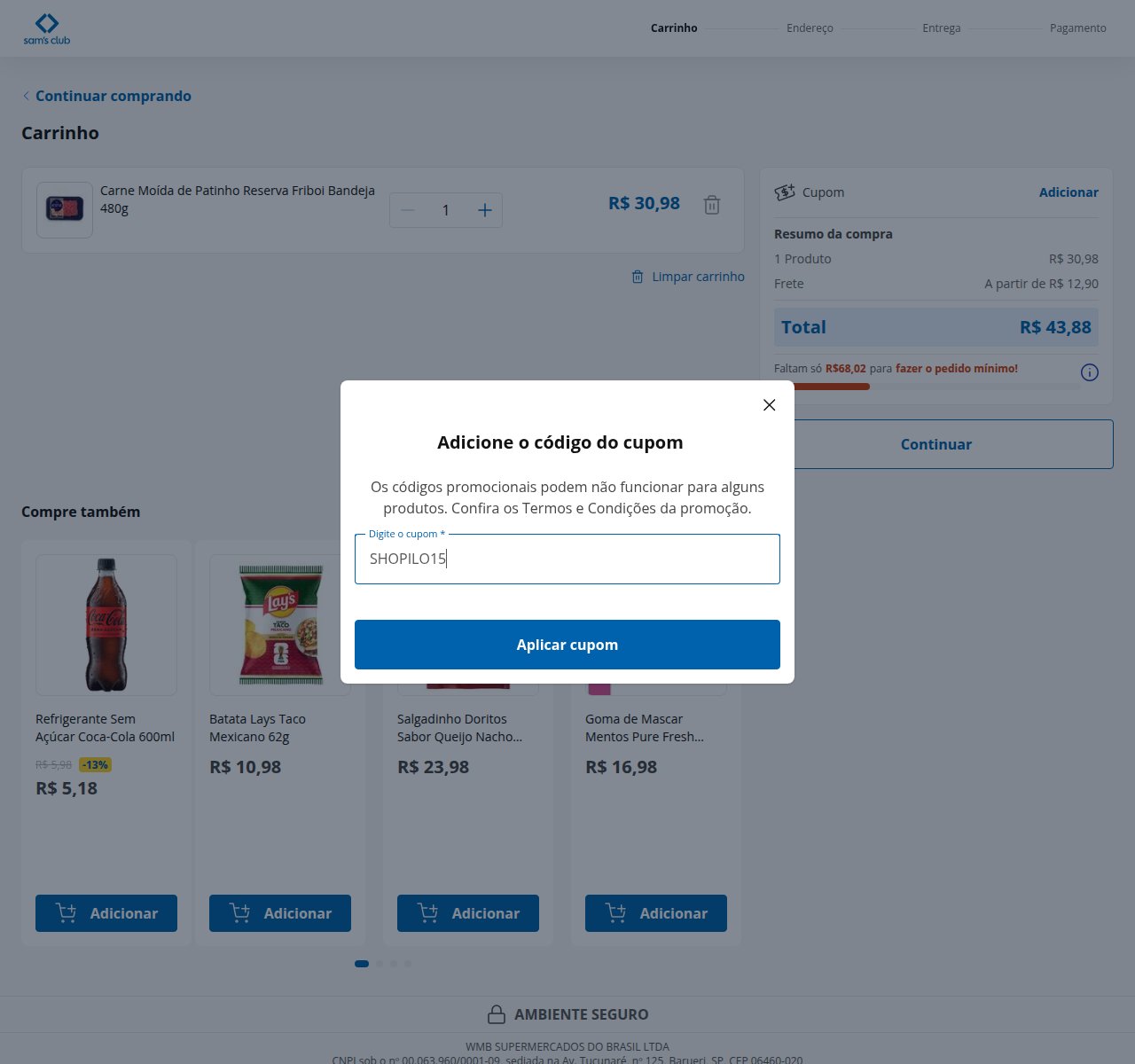 Onde inserir o código de desconto no site da Sam's Club