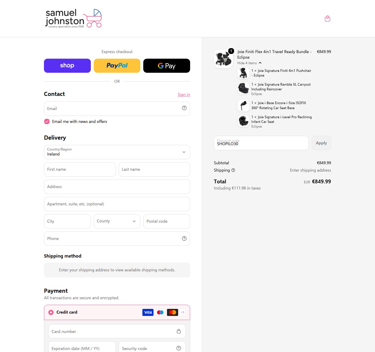 Where to enter the discount code on the Samuel Johnston website