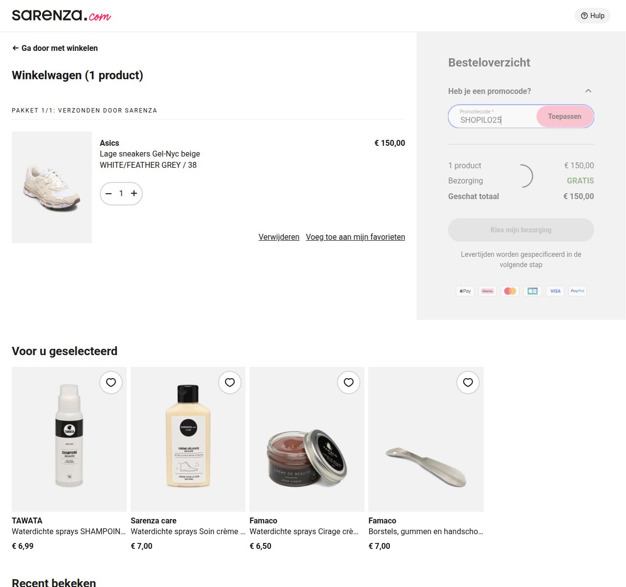 Waar je de kortingscode invoert op de Sarenza-website