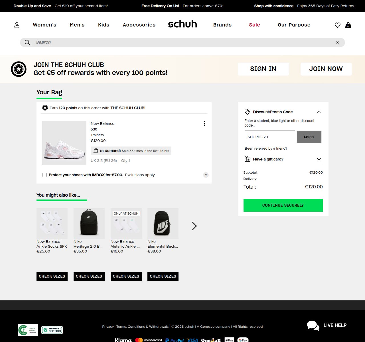 Where to enter the discount code on the schuh website