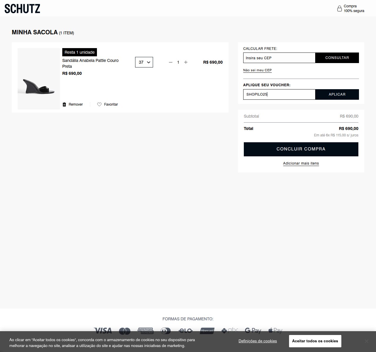Onde inserir o código de desconto no site da Schutz
