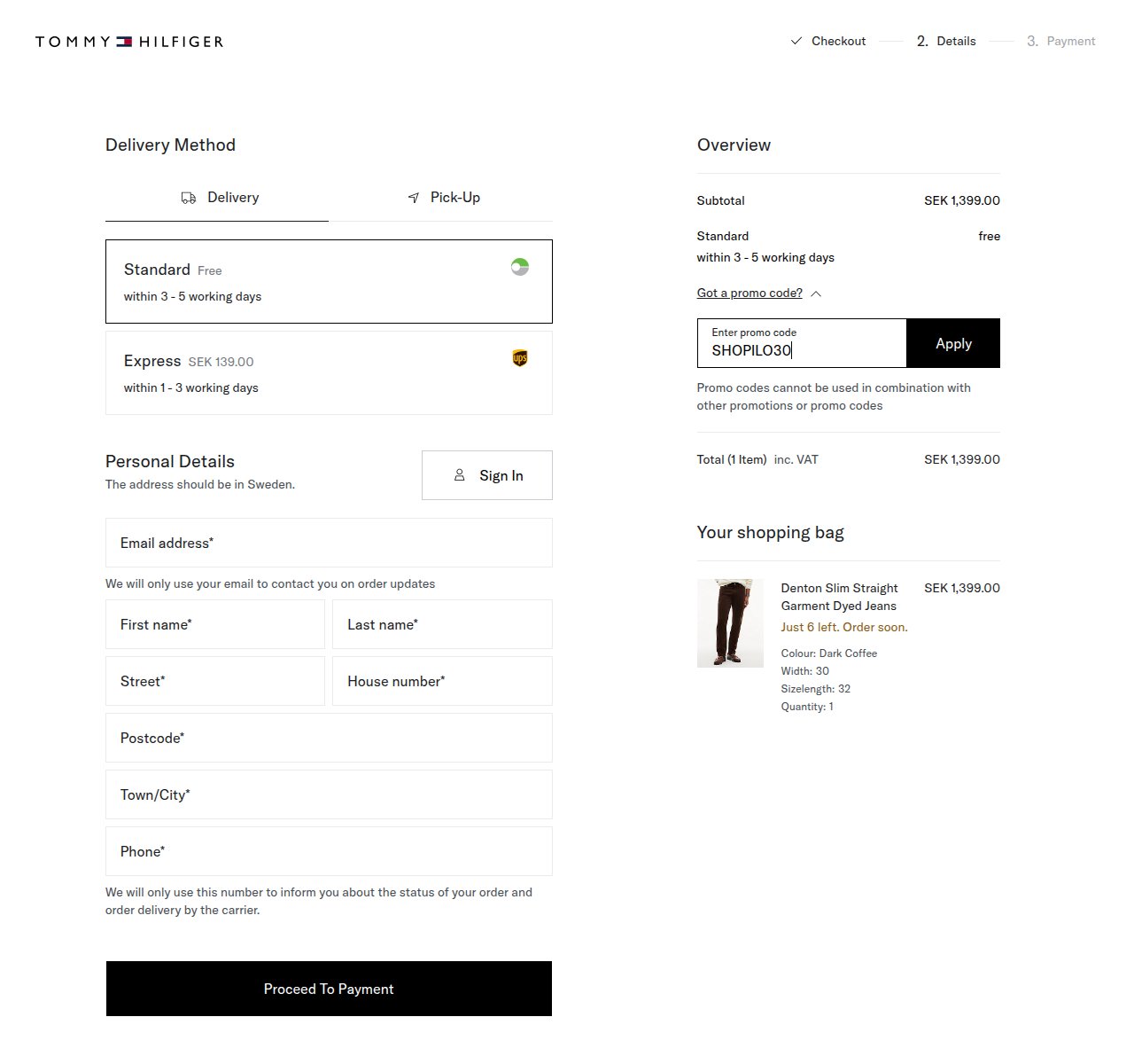 Var du anger rabattkoden på Tommy Hilfigers webbplats