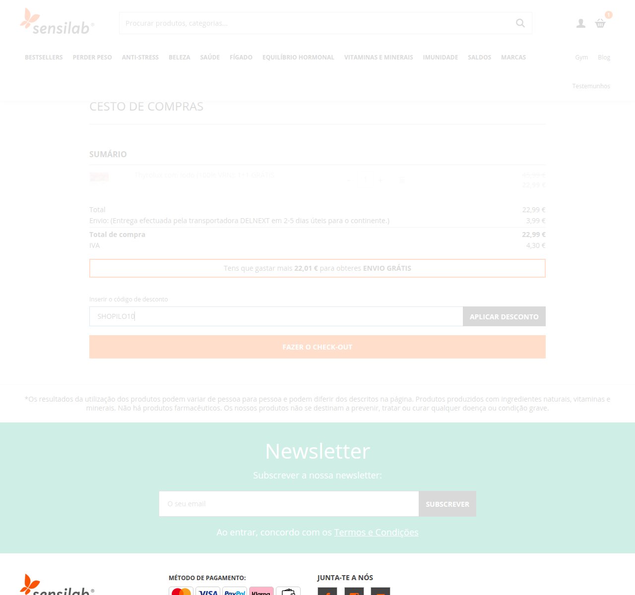 Onde inserir o código de desconto no site da Sensilab