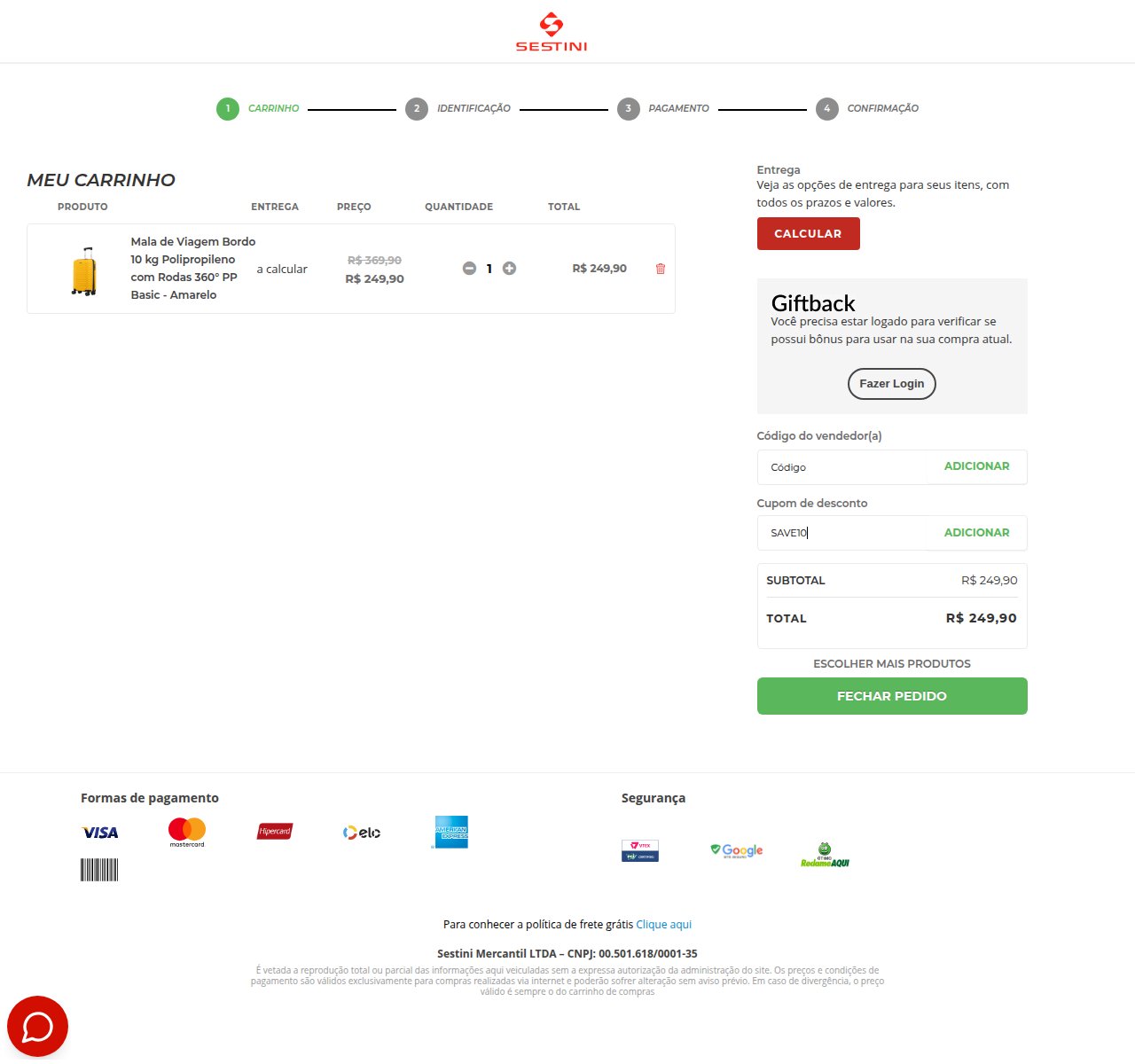 Onde inserir o código de desconto no site da Sestini