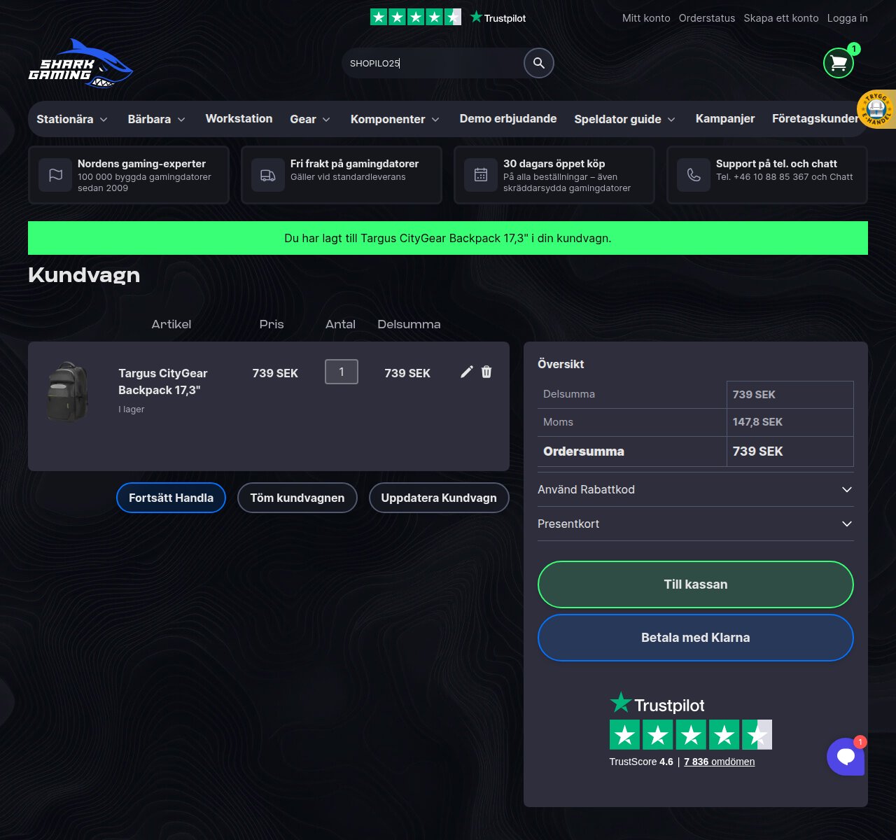 Var du anger rabattkoden på Shark Gamings webbplats