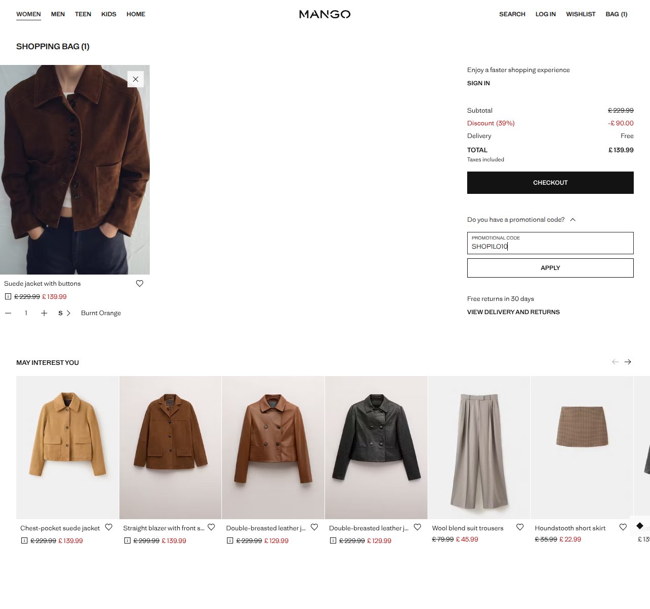 Onde inserir o código de desconto no site da Mango