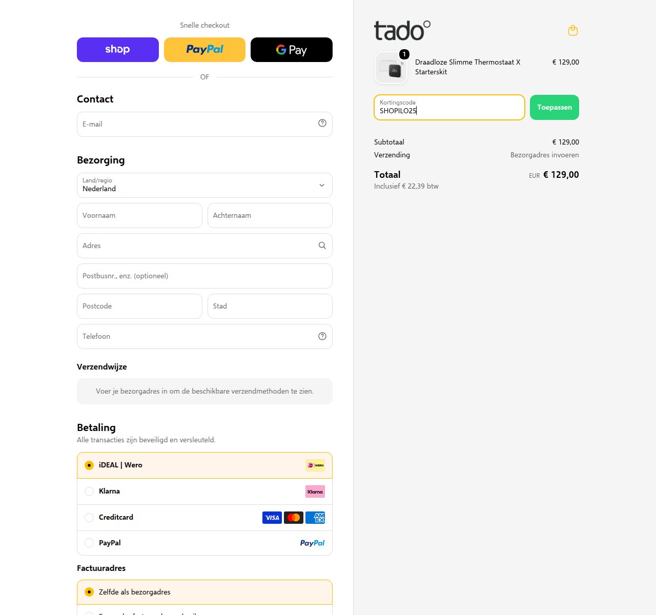 Waar je de kortingscode invoert op de tado°-website