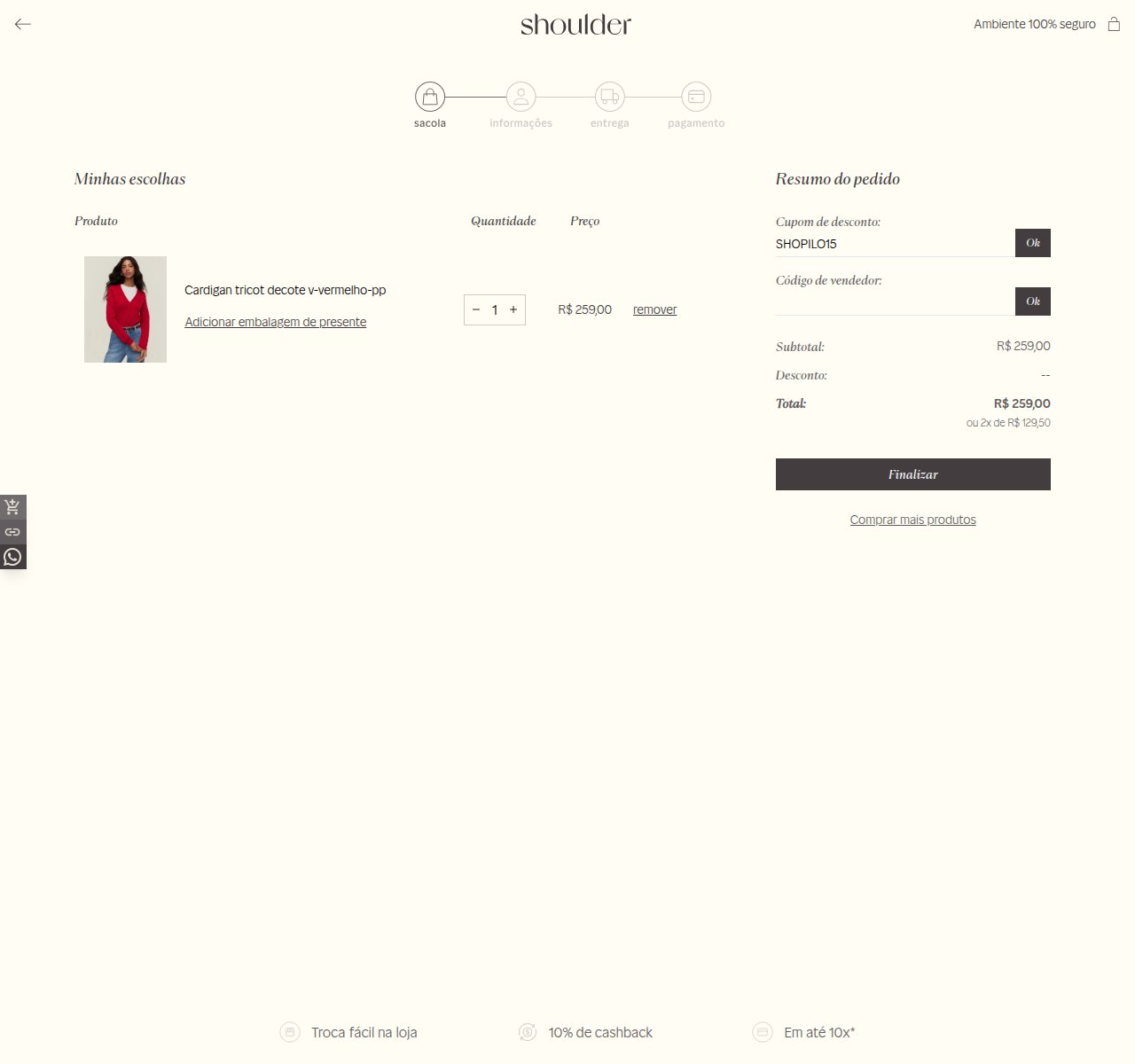 Onde inserir o código de desconto no site da Shoulder