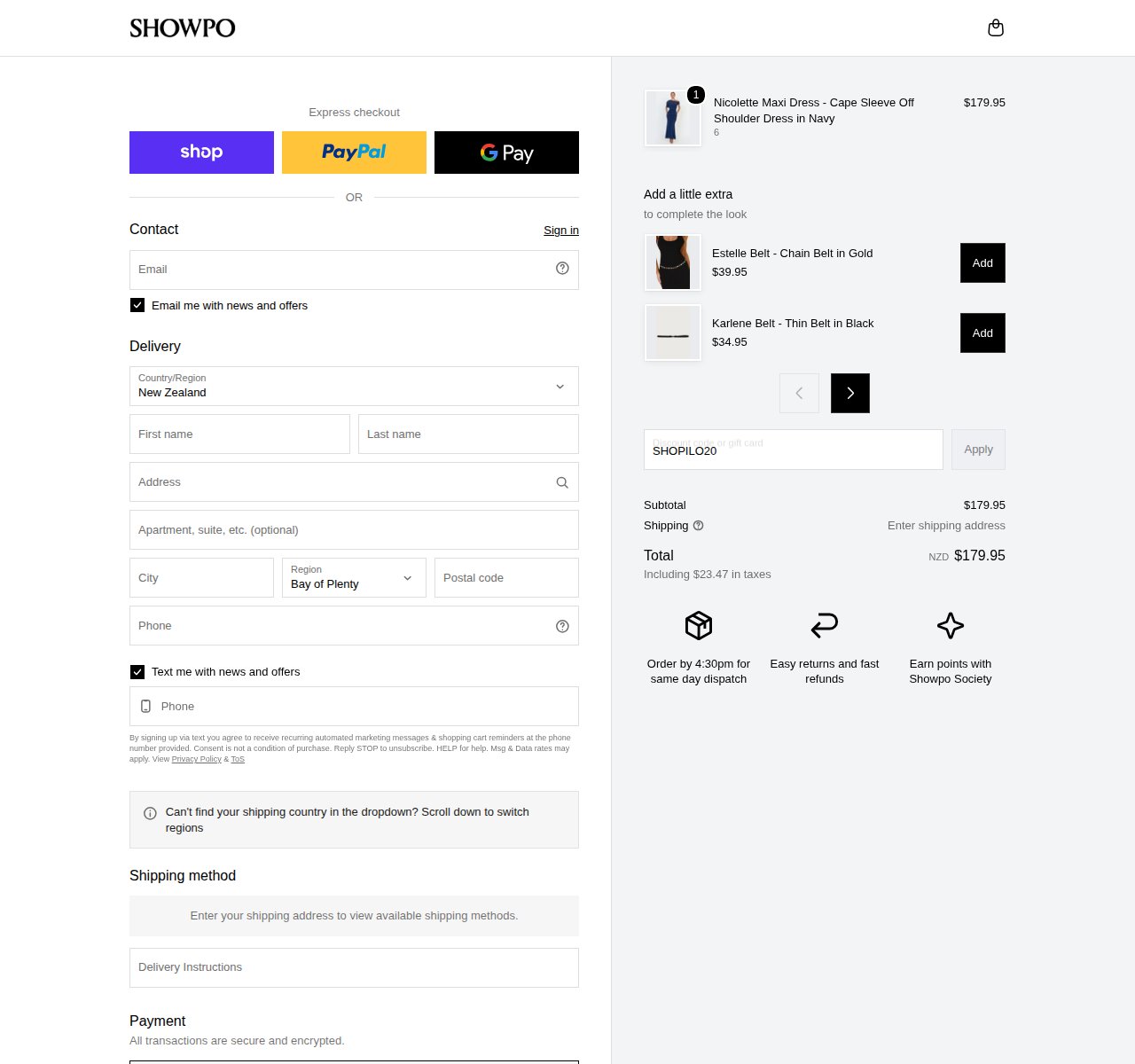 Where to enter the discount code on the Showpo website