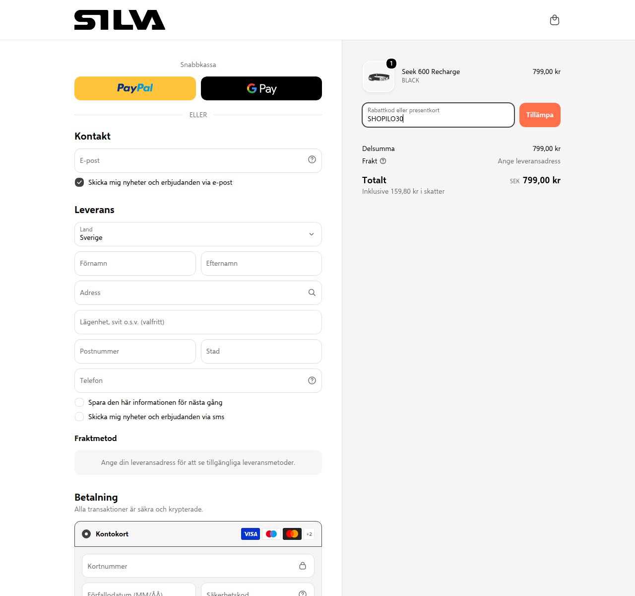 Var du anger rabattkoden på Silva Swedens webbplats