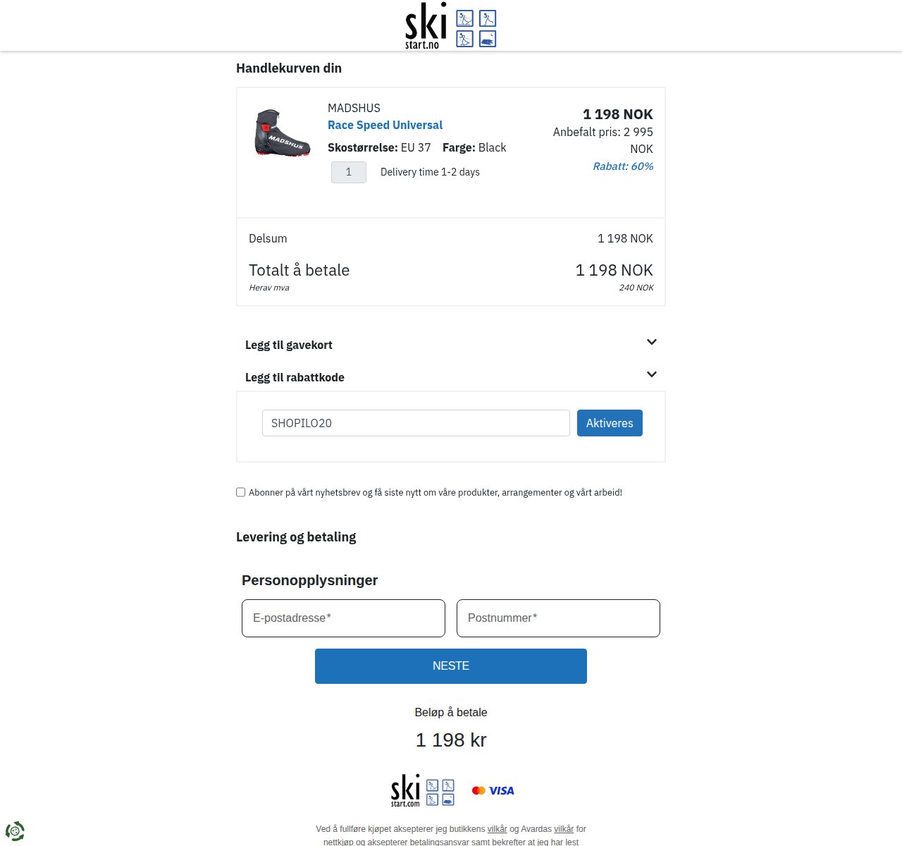 Where to enter the discount code on the Skistart website