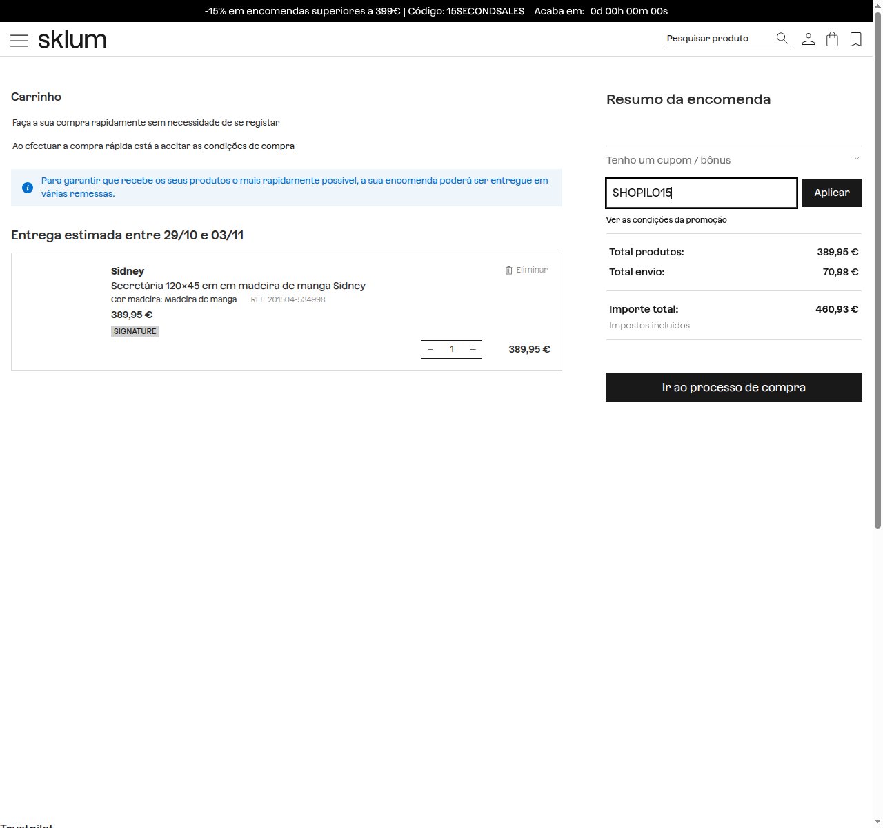 Onde inserir o código de desconto no site da Sklum