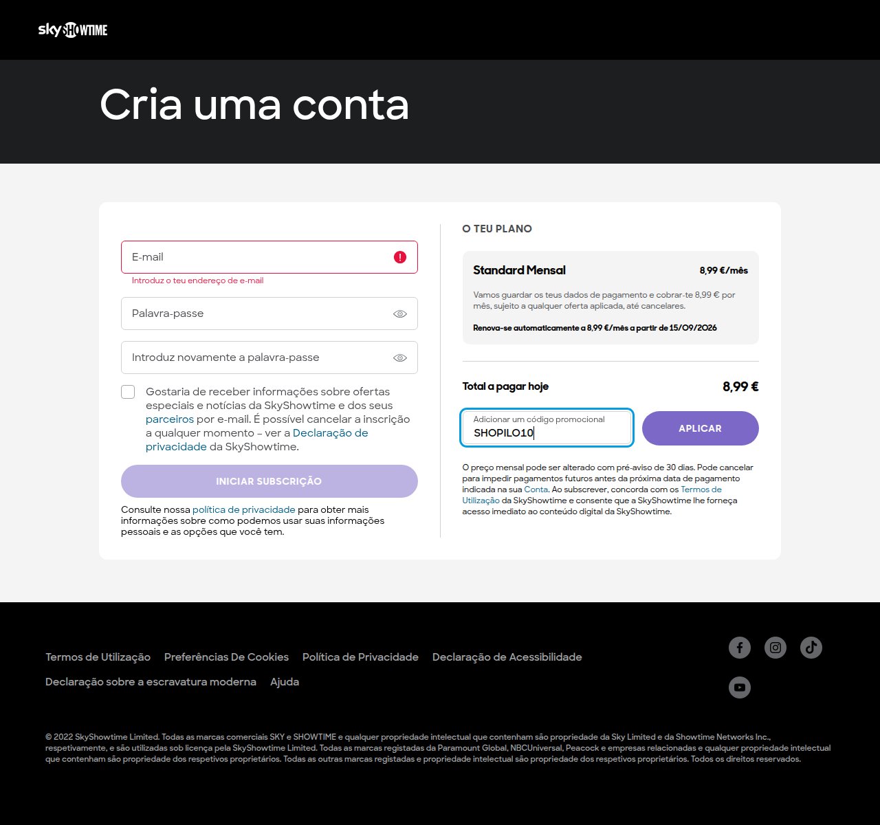 Onde inserir o código de desconto no site da SkyShowtime