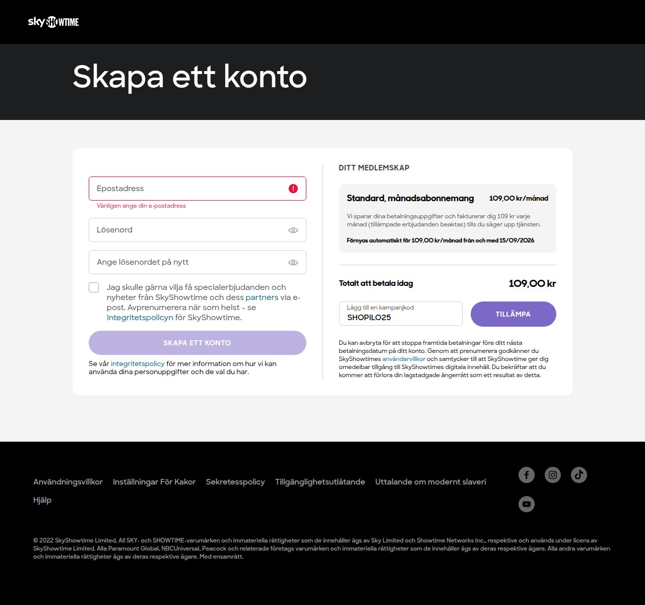 Var du anger rabattkoden på SkyShowtimes webbplats