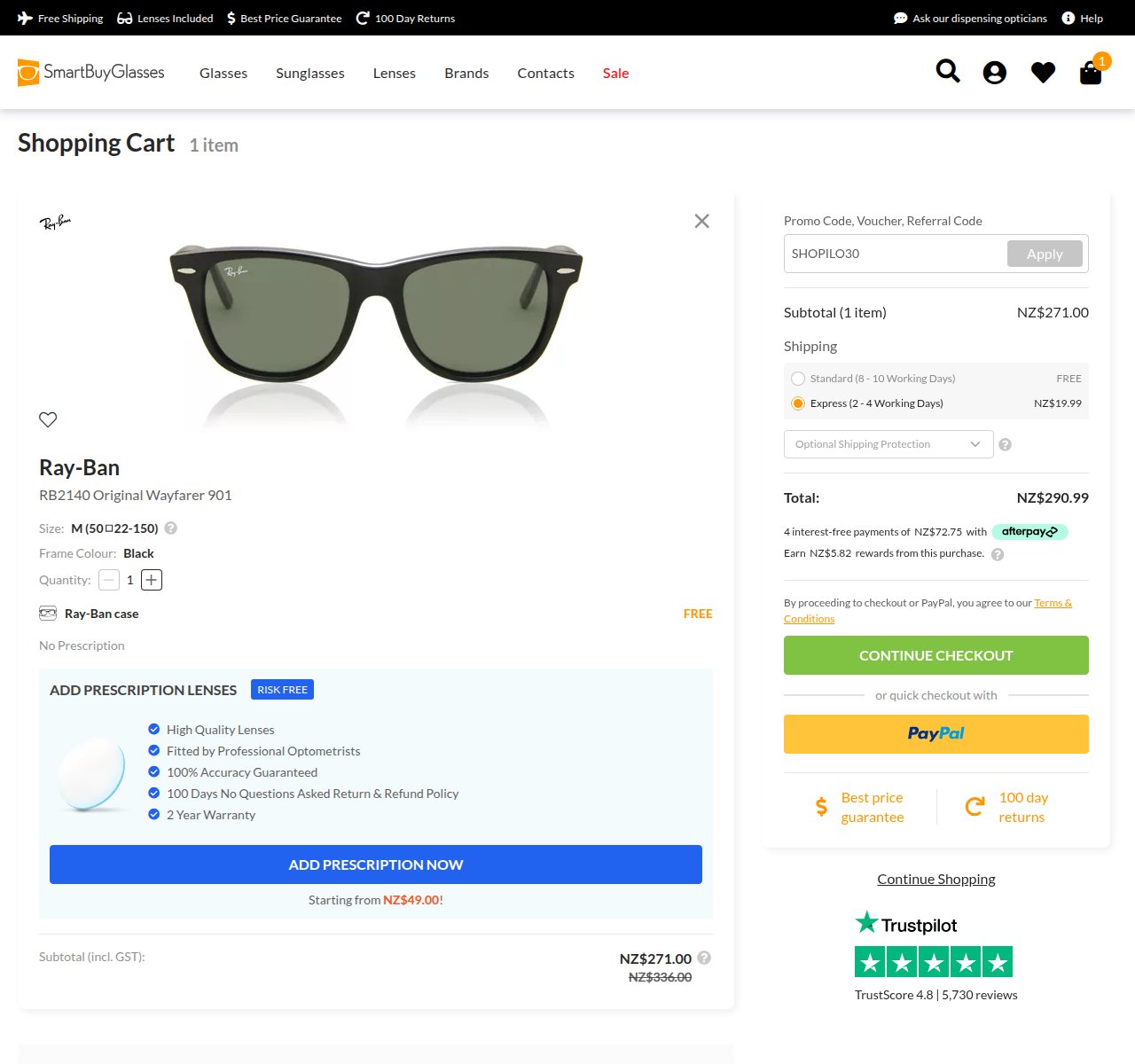 Where to enter the discount code on the SmartBuyGlasses website