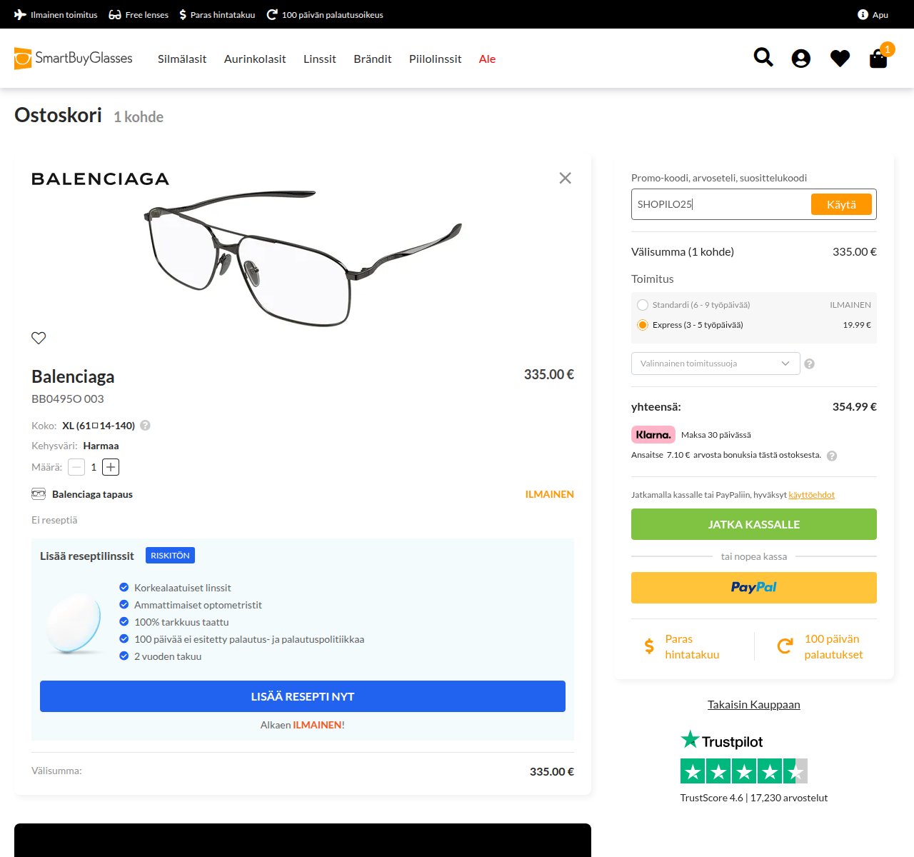 Mihin alennuskoodi syötetään SmartBuyGlasses-sivustolla