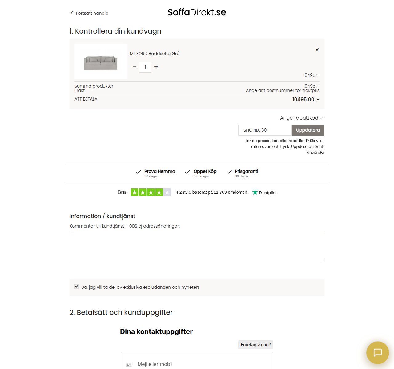Var du anger rabattkoden på SoffaDirekts webbplats