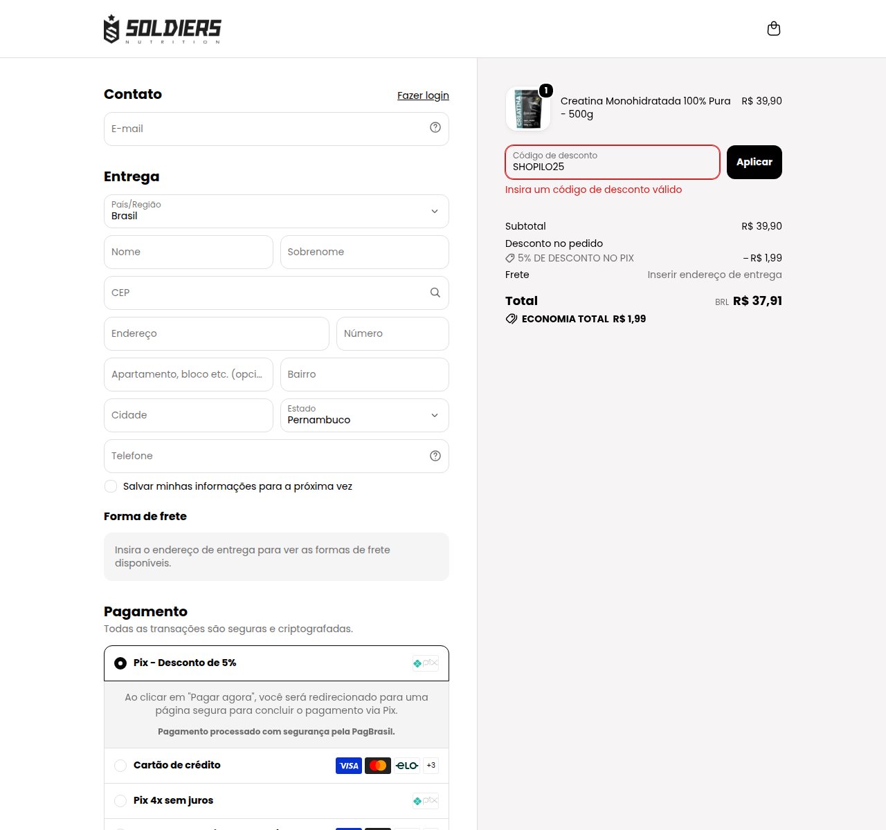 Onde inserir o código de desconto no site da Soldiers Nutrition