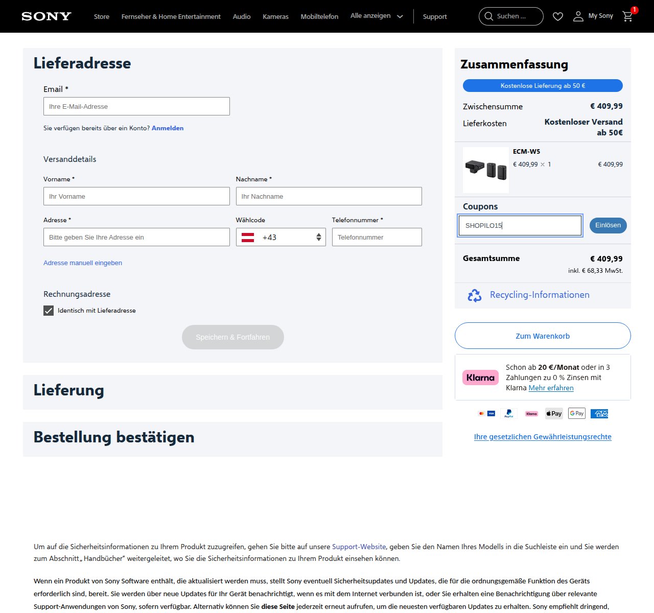 Wo man den Rabattcode auf der Sony-Website eingibt