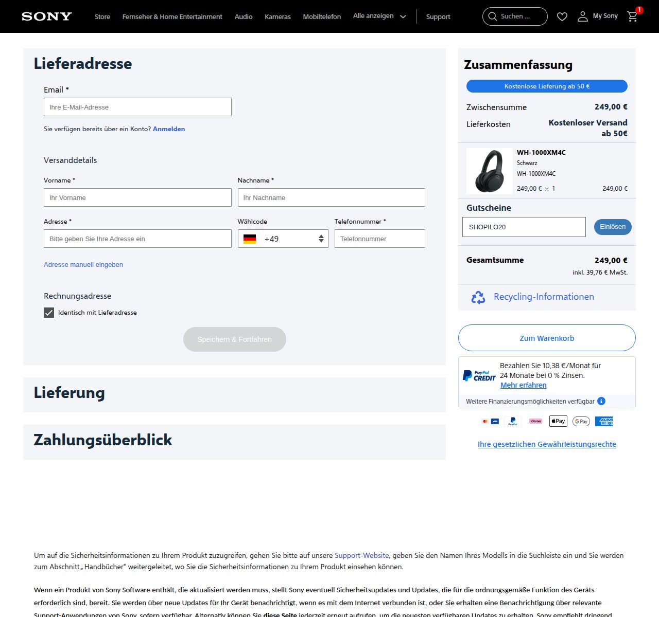 Wo man den Rabattcode auf der Sony-Website eingibt