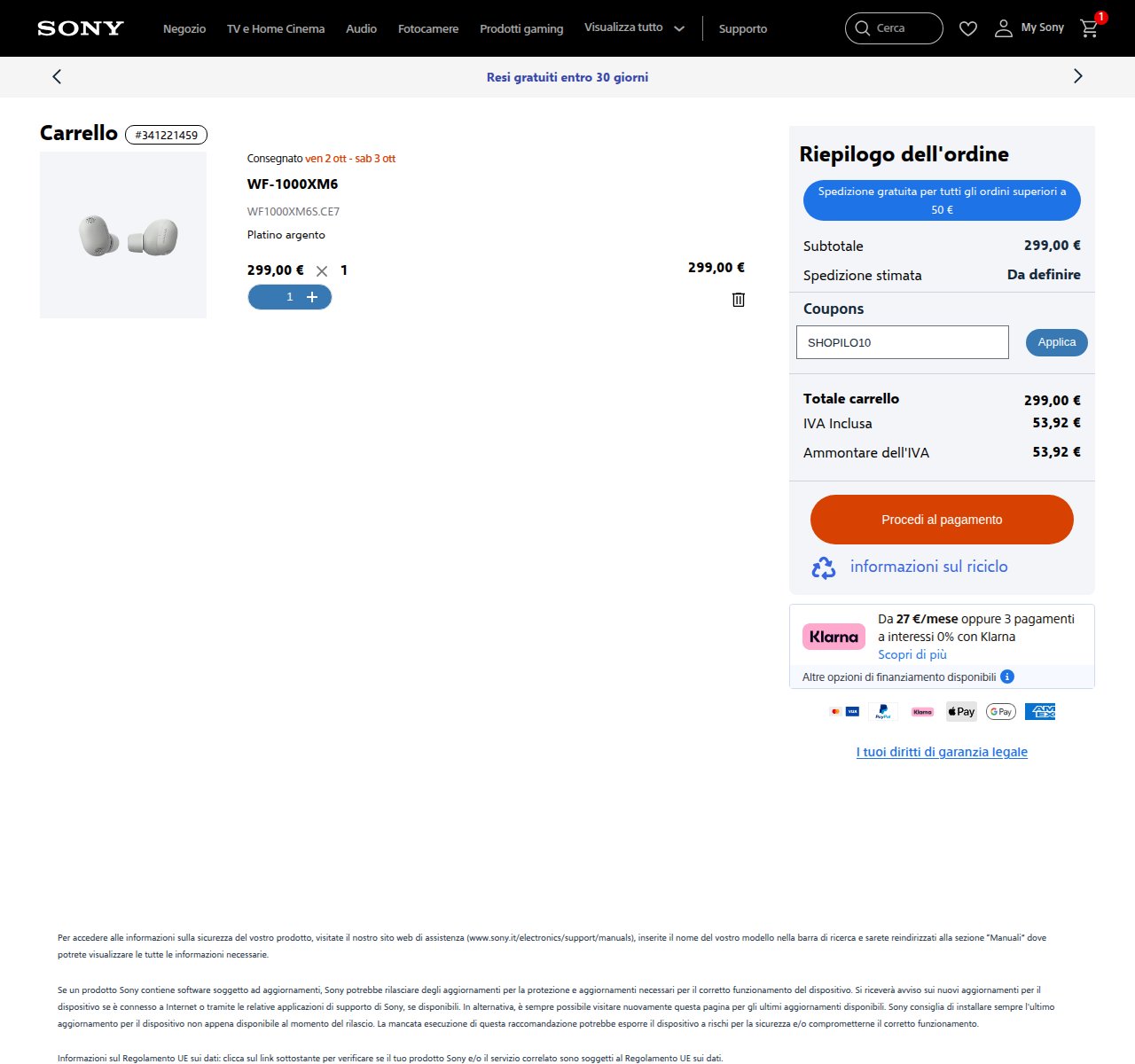 Dove inserire il codice sconto sul sito Sony