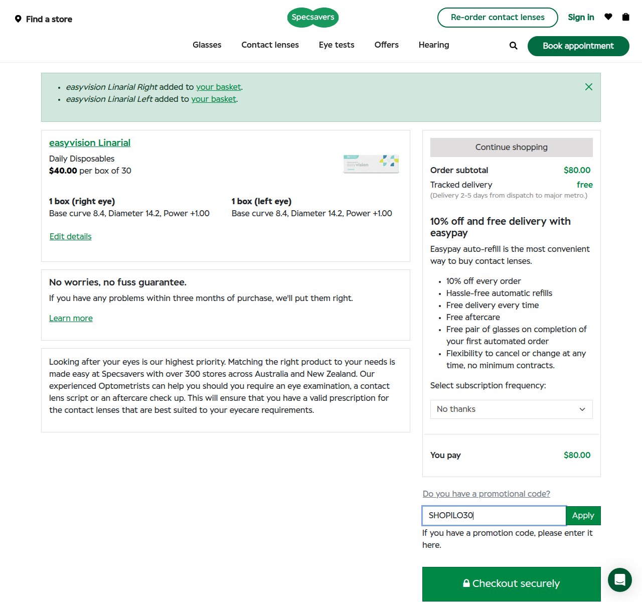 Where to enter the discount code on the Specsavers website
