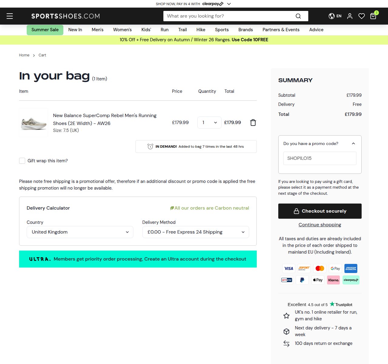 Where to enter the discount code on the SportsShoes website