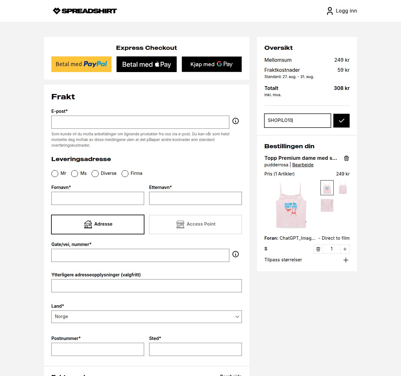 Where to enter the discount code on the Spreadshirt website