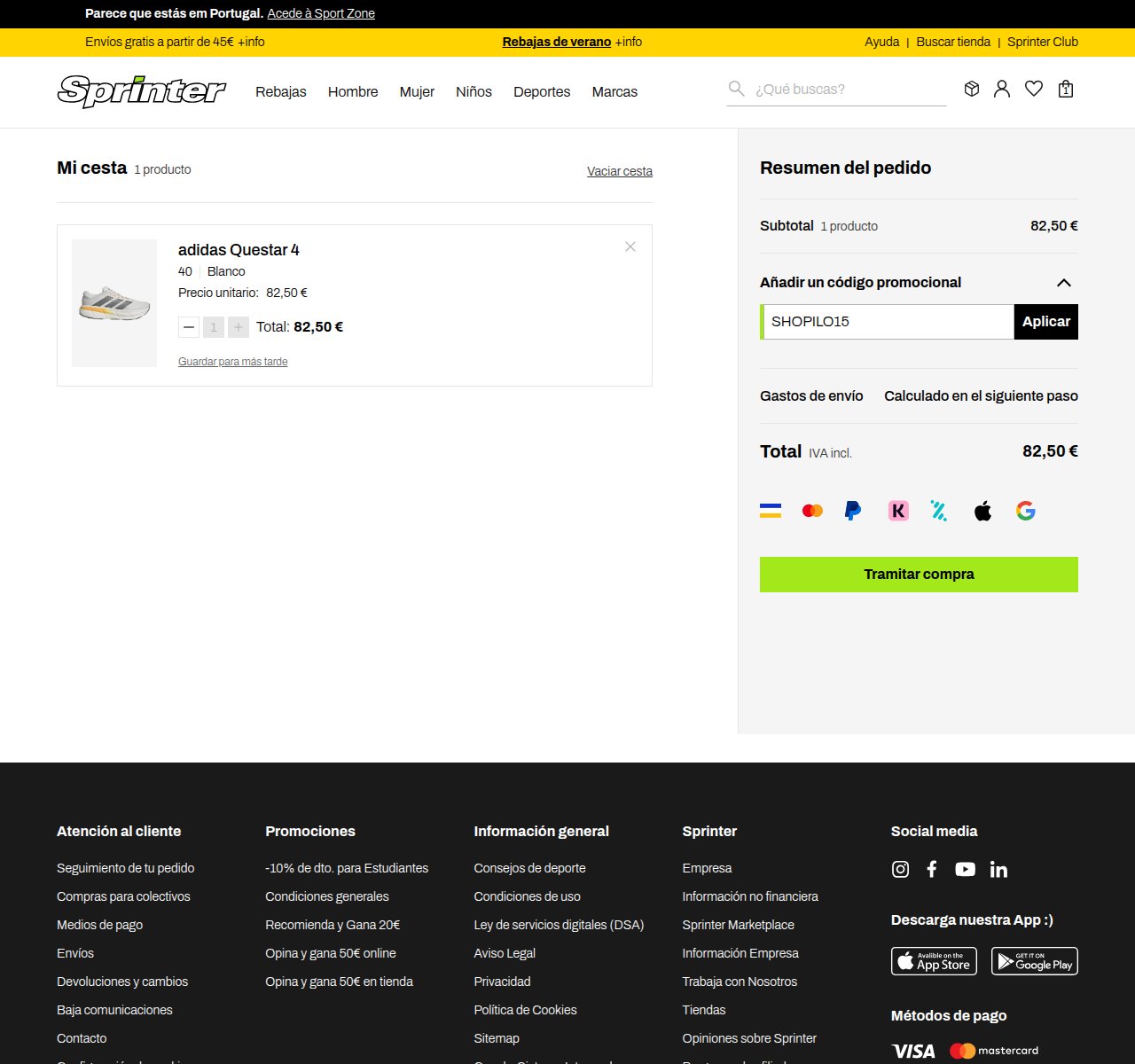 Onde inserir o código de desconto no site da Sport Zone