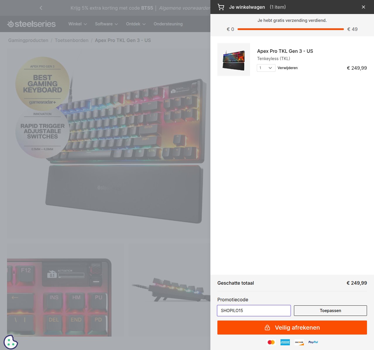 Waar je de kortingscode invoert op de SteelSeries-website