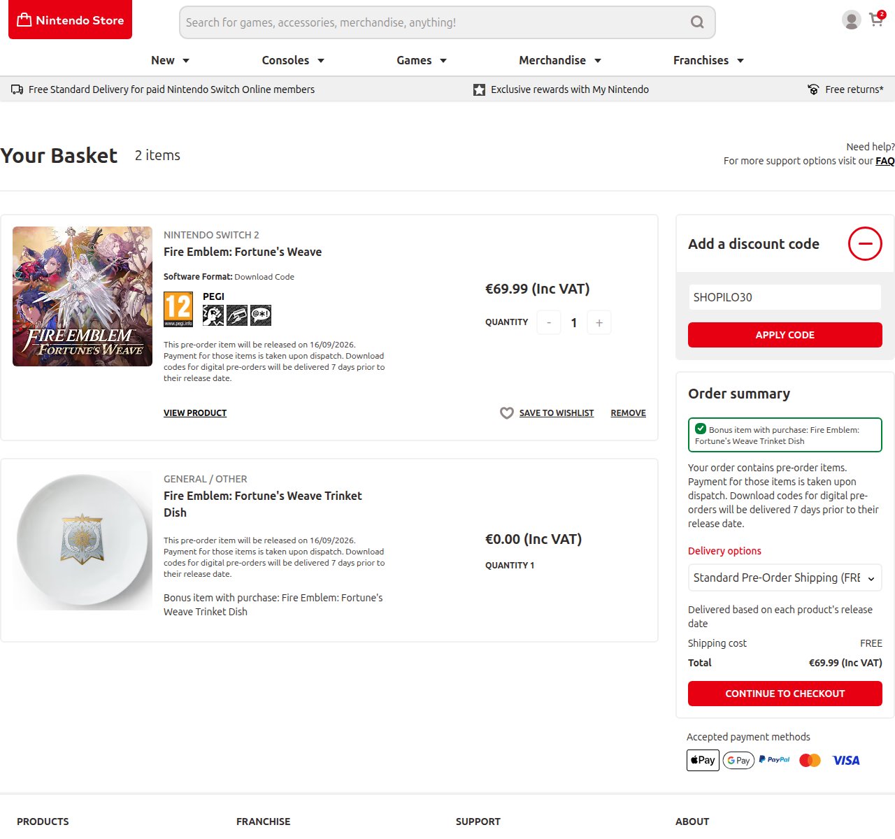 Where to enter the discount code on the Nintendo website