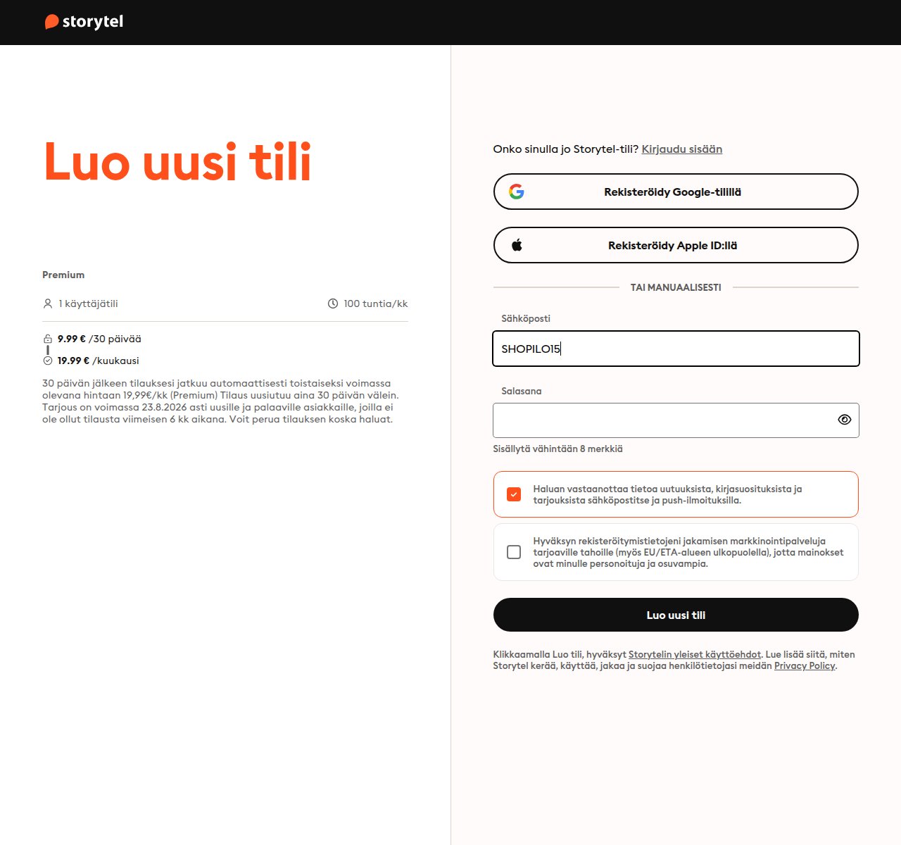 Mihin alennuskoodi syötetään Storytel-sivustolla
