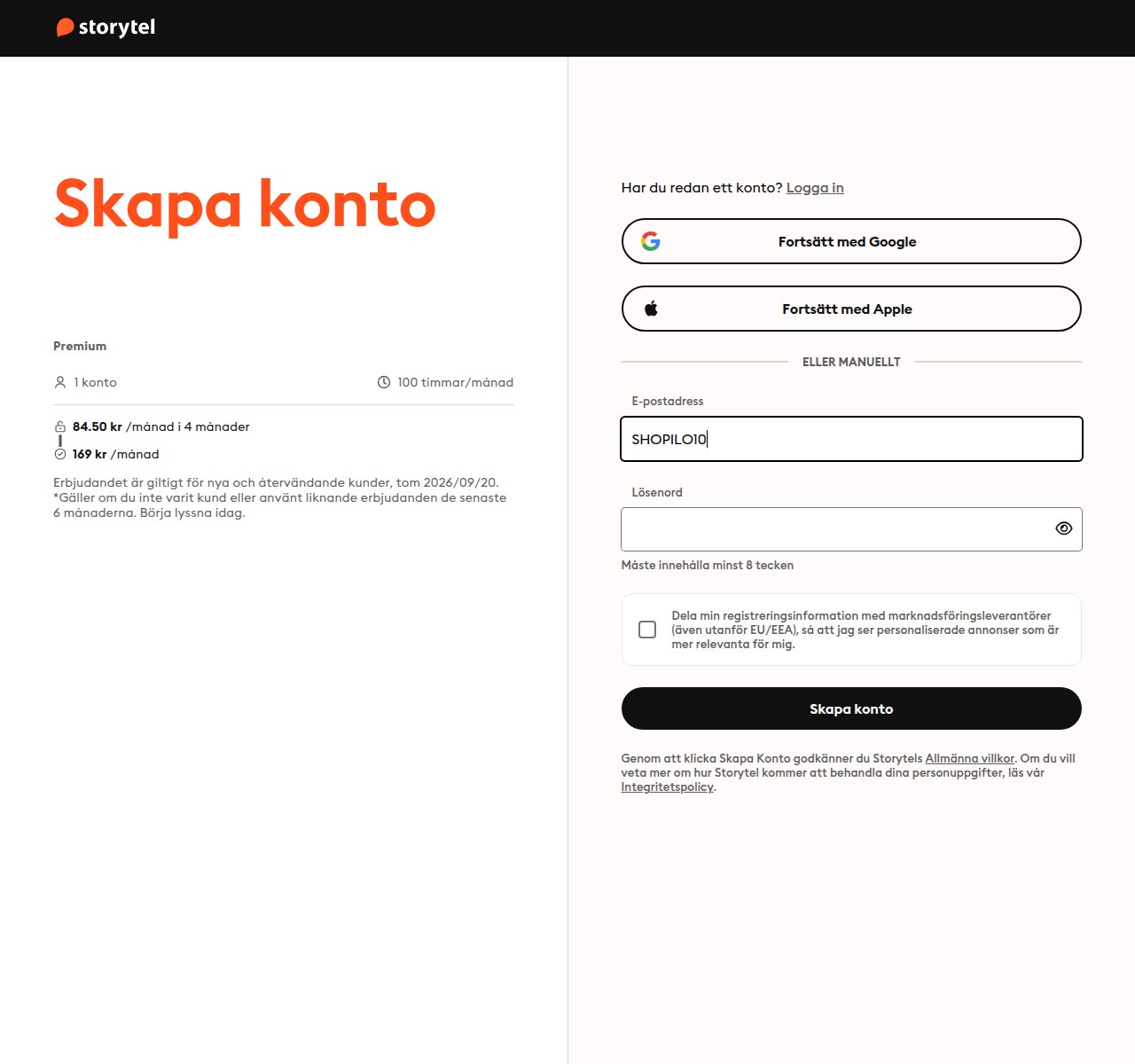 Var du anger rabattkoden på Storytels webbplats